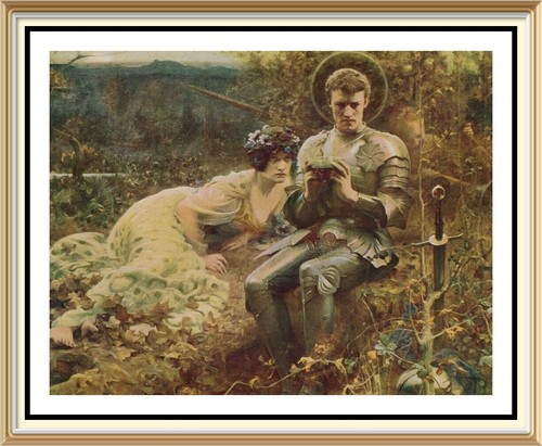 Original Lithographie Präraffaelitische Kunst HACKER Druck TEMPTATION OF SIR PERCIVAL