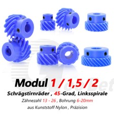 Zahnrad Stirnrad 45&deg; Links schr&auml;g Modul 1 1,5 2 aus Kunststoff Nylon 10-26 Z&auml;hne