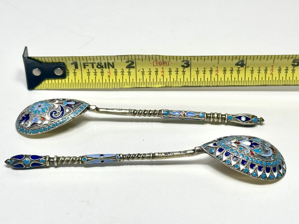 2 антикварные серебряные/эмалированные ложки клуазоне 0,875 от Gustav Klingert до 1899 г. - Изображение 3 из 4
