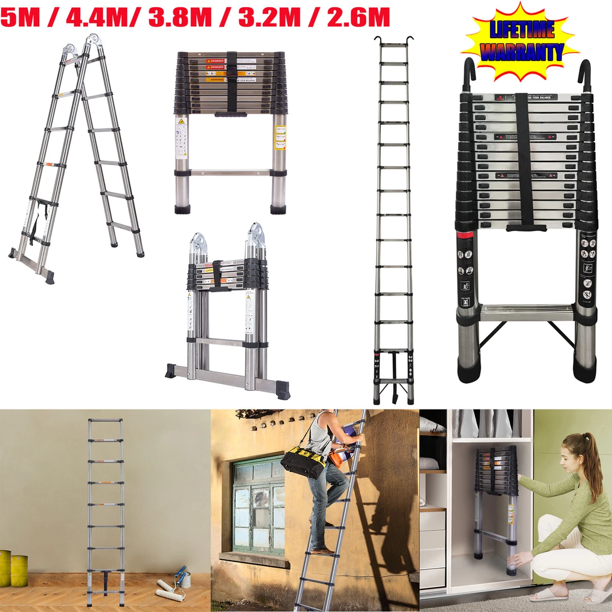 2.6M 5M Telescopic Ladder Heavy Duty Multi Purpose Stainless Steel Extendable UK