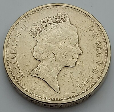 1 Pound 1985. Elizabeth II, United Kingdom vintage coin, Nickel