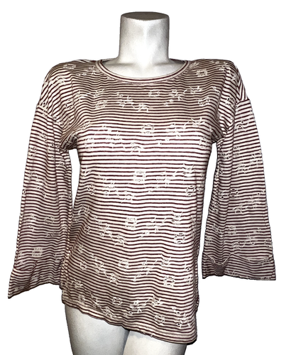 New LUCKY BRAND Top Women's Size S Red Eyelet Stripe 3/4 Cuffed Slv Tee T-Shirt