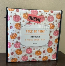 Trick Or Treat Sheet Set New Queen Pumpkins Orange Pink Halloween Floral