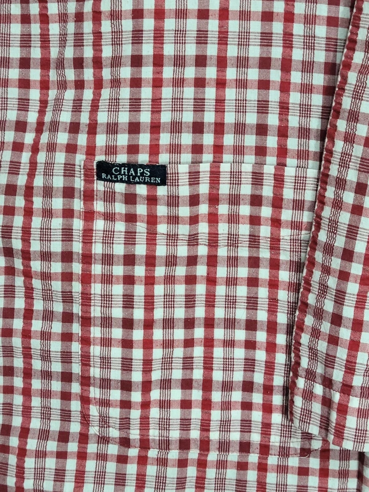 2-Chaps RL Easy Care Seersucker Men's Button Up Shirts Sz XXL Red & Green Check - Image 4 of 4