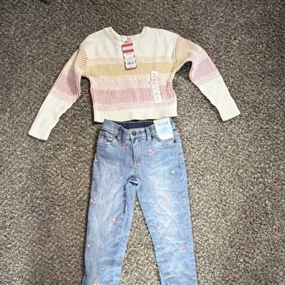 Cat & Jack Girls XS (4/5) 2 Piece Outfit Set Striped Floral Sweater Blue Jeans