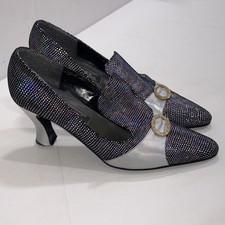 Vintage J. Rene Black Silver Speckled Leather Slip On Closed Toe Heels 8N READ