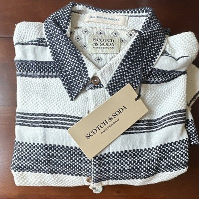 Scotch & Soda Men s White/Blue Striped Woven Button-Up Point Collar Shirt M