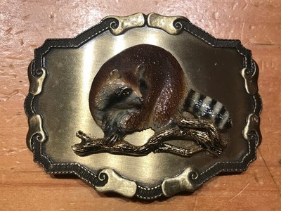 VINTAGE RAINTREE RACOON BRASS & ENAMEL BELT BUCKLE