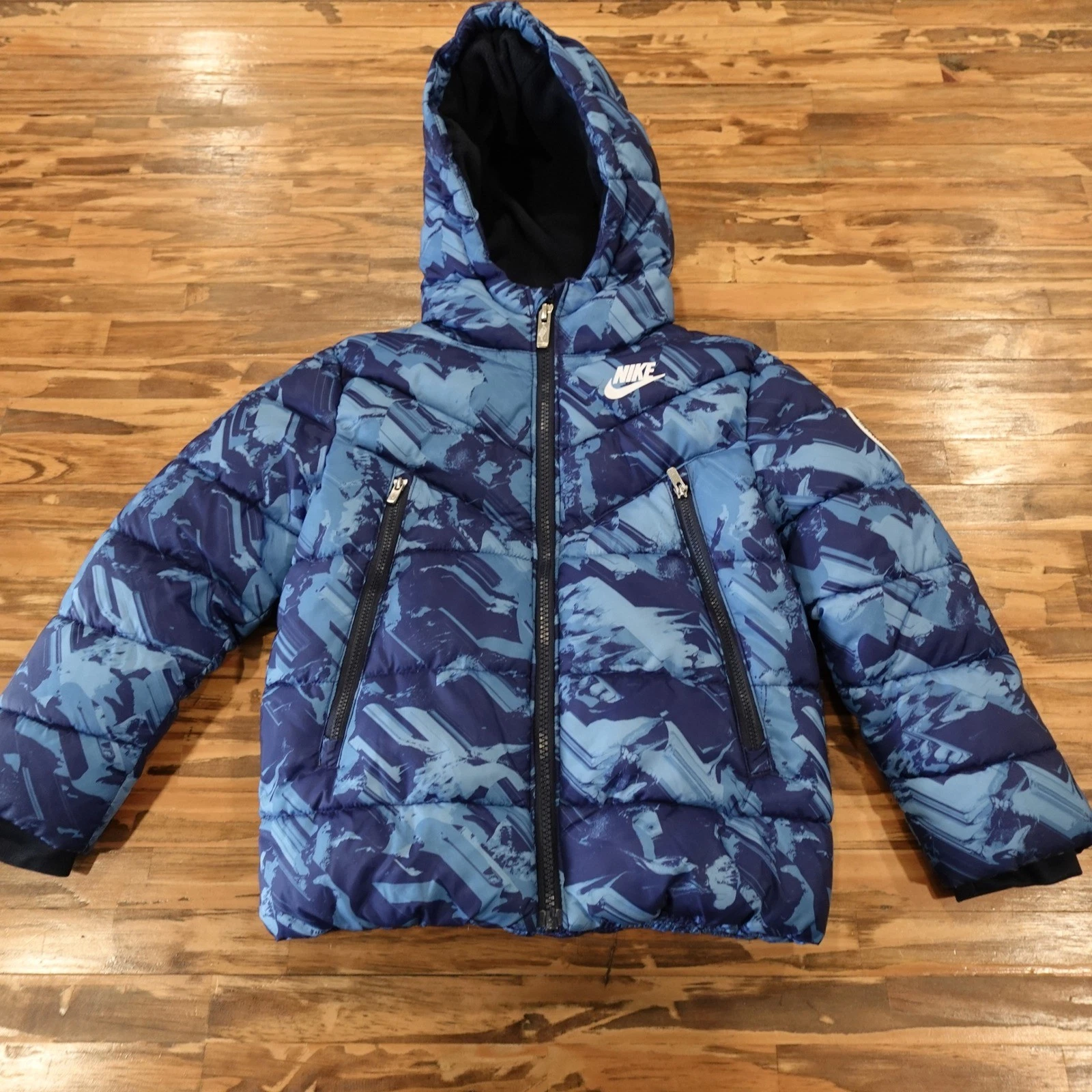 Nike Jacket Kids S 4-5 Blue Camo Puffer Hooded Full Zip Coat Winter Outdoors