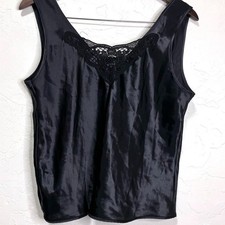 Vtg Escapades Black Satin Lace Trim Tank Top Camisole Sleeveless Made in USA Med