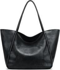 Large Leather Tote Bag for Women - Zipper Travel Purse - Black