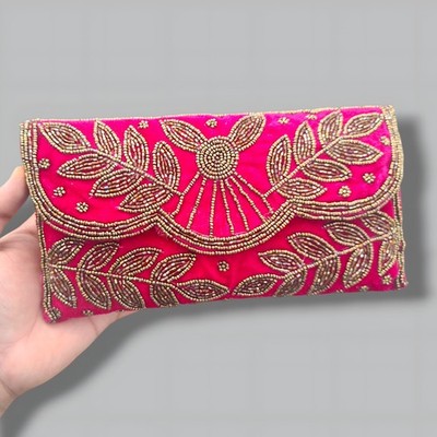 Hot Pink Velvet Beaded Clutch Purse   Handmade Indian Wedding Party Bag 
