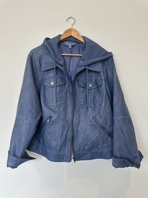 Indigo Thread Co Womens 1X Blue Faux Leather 25'' Jacket Removable Hood