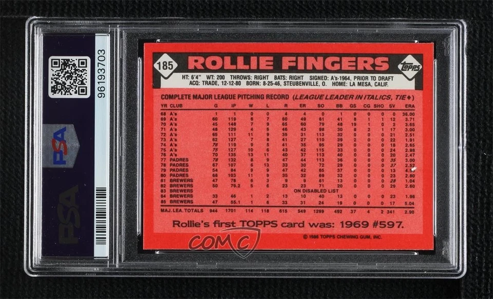 1986 Topps Collector's Edition (Tiffany) Rollie Fingers #185 PSA 9 MINT HOF - Image 2 of 2