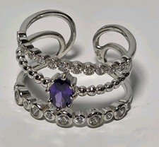 Genuine 925 Sterling Silver Triple Band Amethyst and Cubic Zirconia Ring Sz 7
