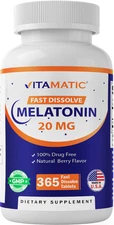 Vitamatic Melatonin 20mg - 1 Year Supply | Natural Berry Flavor - 365 Tablets