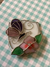 Stained Leaded Glass Multi-Layered Butterfly and Flower Suncatcher Vintage