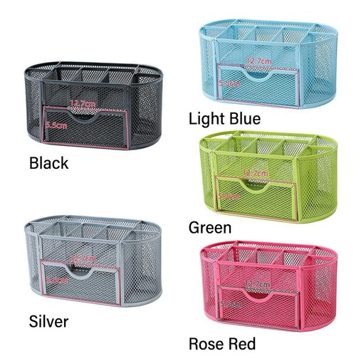Storage With Drawer Stationery Container Metal Mesh Pen Holder Desk Organizer - Picture 3 of 17