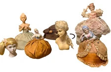 Antique German Chalkware Vintage Porcelain Half Doll Hat Pin Cushions Vanity Lot
