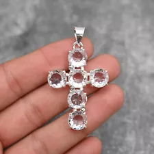 White Topaz Gemstone Cross Pendant 925 Sterling Silver Handmade Jewelry For Gift