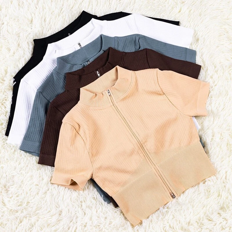 Camisetas deportivas de manga corta con cremallera que absorben la humedad para mujeres Prendas para el torso y camisetas Fitness Foto 4 de 4