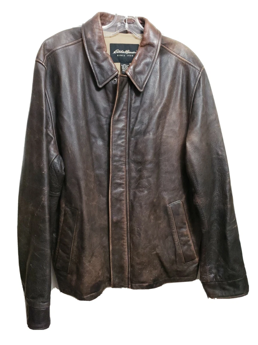 Eddie Bauer Sz. L Genuine Leather Brown Bomber Jacket Style ID