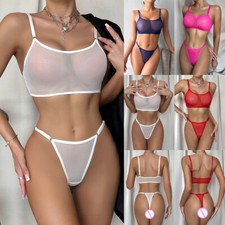 UK Women Mesh See Through Bikini Set Nightwear Sexy Bra Thong Lingerie Underwear