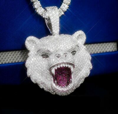 1.18 ct Cubic Zirconia Ruby Men's Animal Face Pendant Silver White Gold Plated