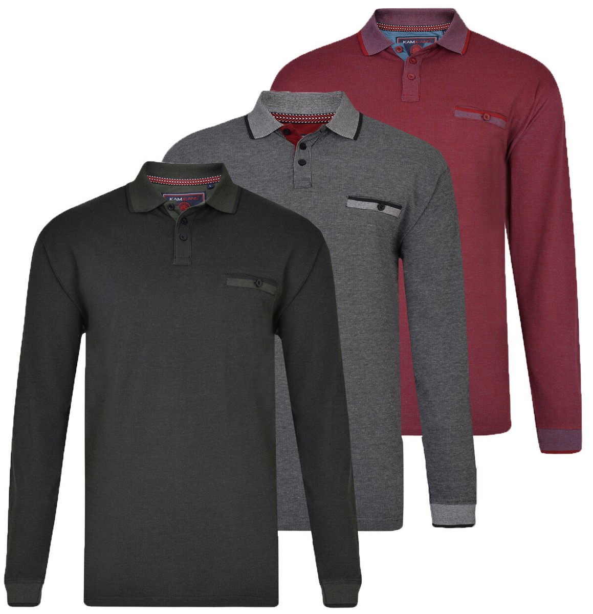Mens Kam Casual Long Sleeve Tipped Polo Shirt Chest Pocket Big Size XL-8XL