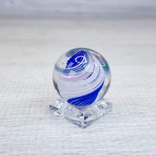 Vintage 3cm Art Glass Sphere Ball Blue White Swirl Twist w/ Stand Base