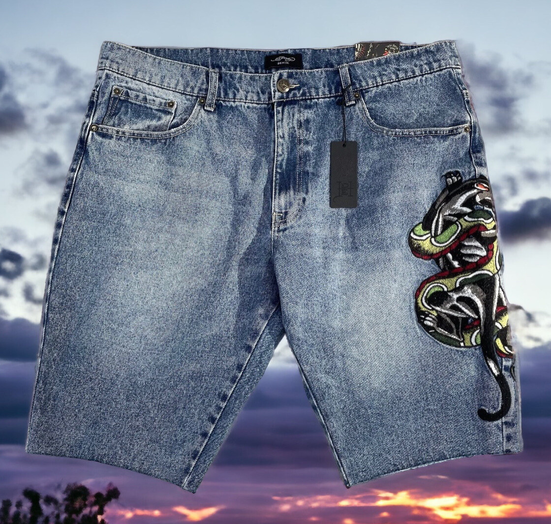 Ed Hardy デニム ハーフパンツ Ed Hardy Denim Blue Jean Shorts Embroidered Snake Jorts MENS Size