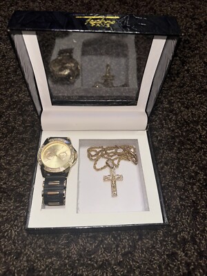 Techno Pave Watch And Necklace Stainless Steel And Water Resistant, New In Box