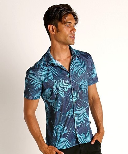 Camicia Timoteo L blu Riviera maglia bottoni stampa palma tropicale nuoto vacanze - Foto 7 di 9