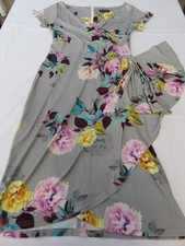 LADT VINTAGE LONDON GREY COLOURFUL ROSES STRETCH JERSEY HIP RUCHING DRESS UK 12