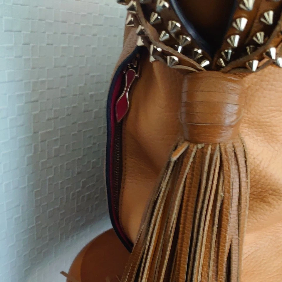 Christian Louboutin Auth Leather Shoulder Bag Tote Handbag Brown Studs Fringe - Image 4 of 4