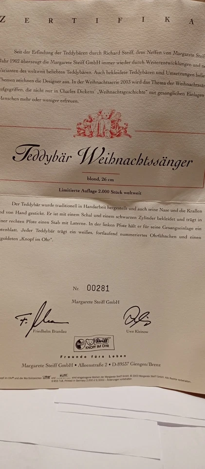 Steiff Teddy goldmohair, Weihnachtssäger 26cm limitiert 2000 St. - Bild 2 von 4