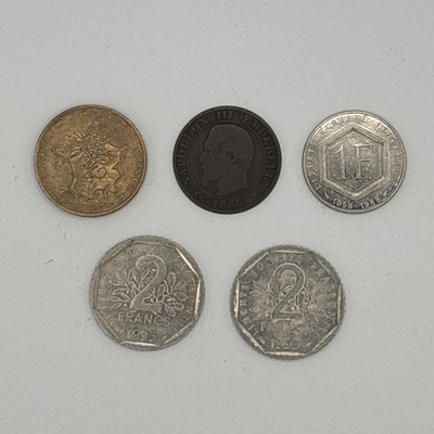France Coin Lot - 1856 Napoleon III 5c, Jean Moulin 2F (x2), Commemoratives