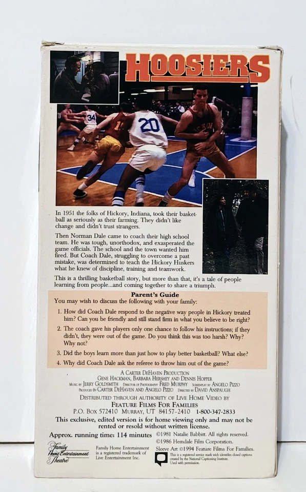 Hoosiers, Exclusive Edited Edition - Family Home Entertainment Vintage VHS 1994  Foto 2 de 4