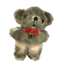 VTG Mohair Mini Teddy Bear Red Ribbon Bell Plush Antique Toy - Glue on Feet