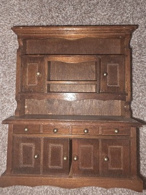 Miniature Wooden China Cabinet & Cupboard 1:12 Scale Brown Opening Doors Drawers
