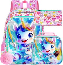 Unicorn Black Kids Backpack School Bag With Lunch Box And Pencil Case For Girls