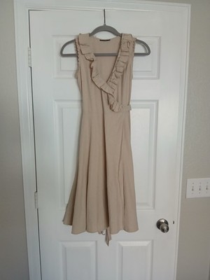 Lefties FEMME Tan Linen Wrap Dress S Ruffle Classic Retro Festival Resort Party