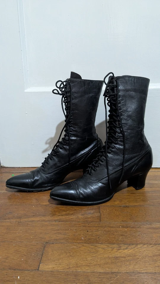 Botas para mujer victorianas eduardianas con cordones de cuero negro excelente talla 6,5, 7 Foto 2 de 4