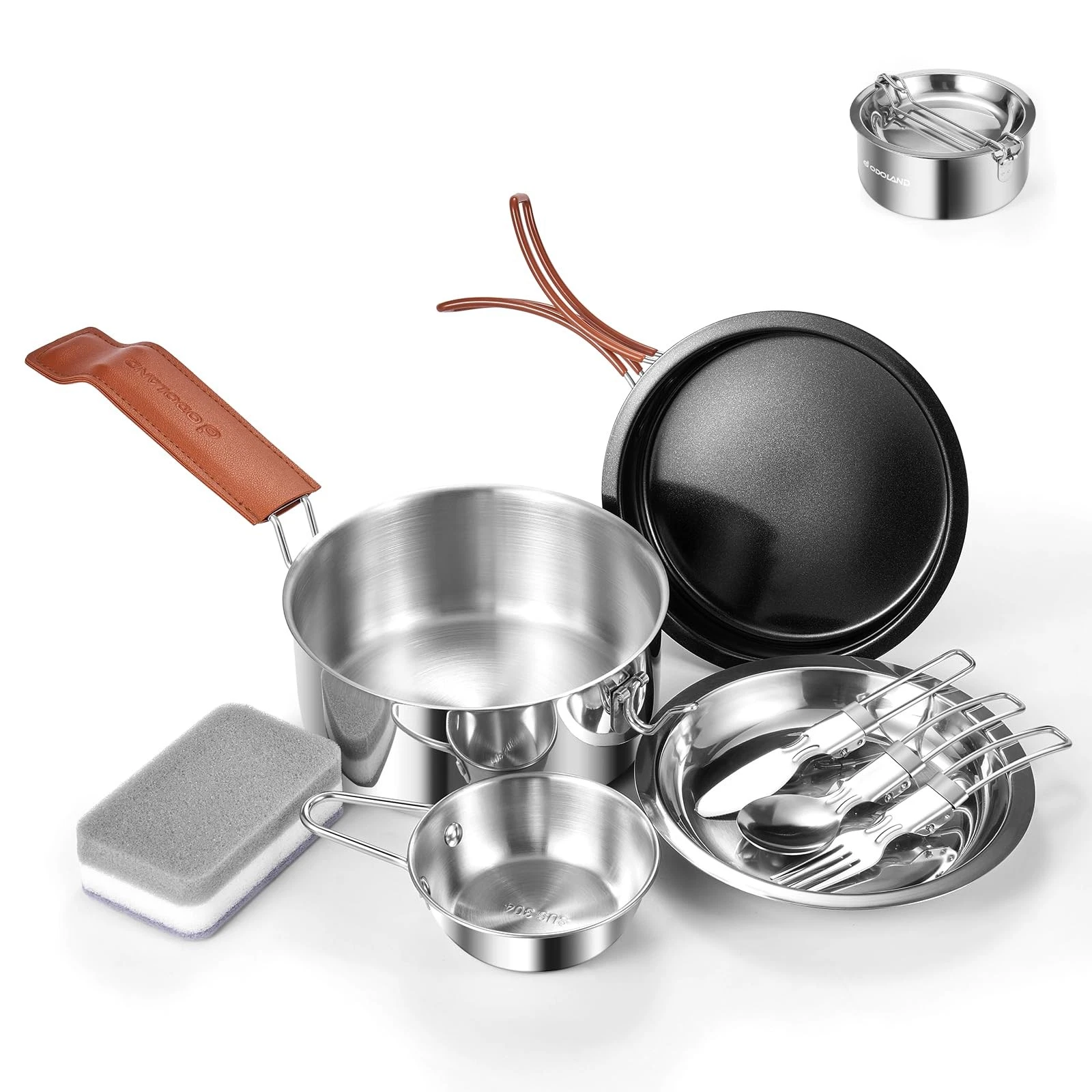 10pcs Camping Cookware Stainless Steel Camping Pot and Pan Set with Plate Bow...