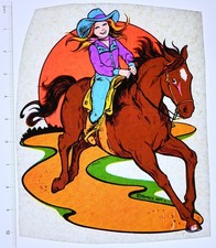 Original VINTAGE 1970s Heat Transfer | Cowgirl Riding Horse Sunset - Roach '74