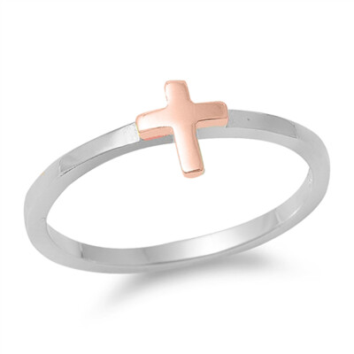 925 Sterling Silver 14K Rose Gold Plated Sideway Cross Ring