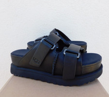 UGG BLACK LEATHER GOLDENSTAR HI PLATFORM SLIDE SANDALS, WOMEN US 8/ EUR 39 NEW