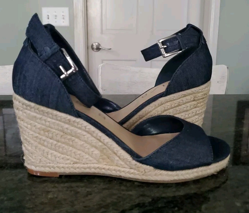 UNISA Womens Size Wedge Sandals Denim Blue Espadrille High Heel Peep Toe  Blue
