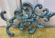 VINTAGE RUSTIC CAST IRON SCROLLWORK DOUBLE WALL HOOKS   TEAL  GOLD COLORS - NOS