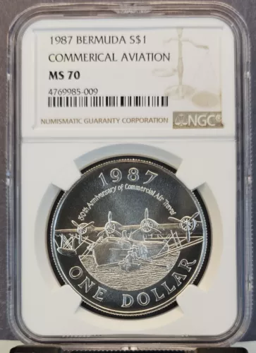 1987 BERMUDA SILVER 1 DOLLAR COMMERCIAL AVIATION AMPHIBIOUS PLANE NGC MS 70